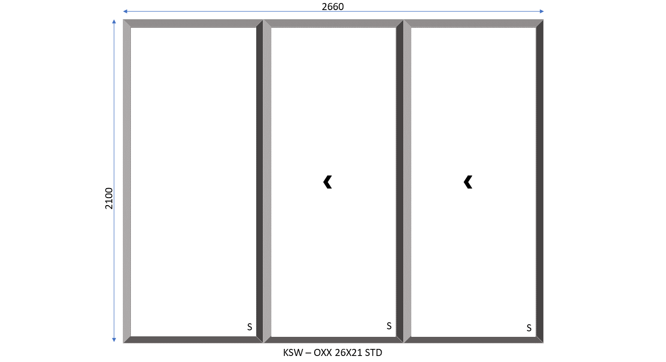 Aluminium 3 Panel OXX Standard Sliding Door 2660 x 2100